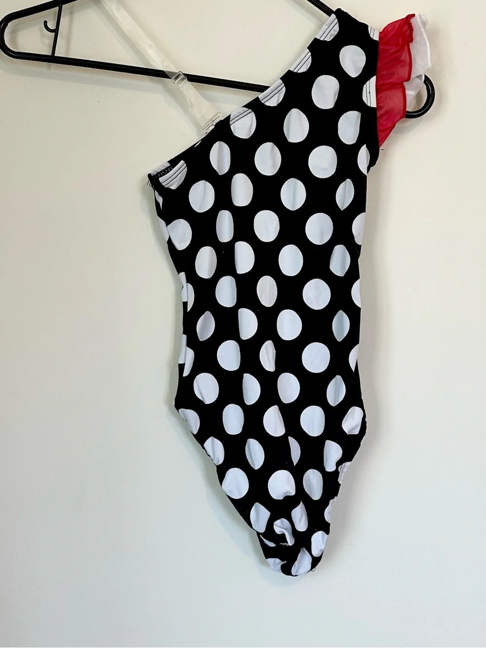 NEW Black & White Polka Dot One-Shoulder Dance Leotard with Red Tutu Skirt